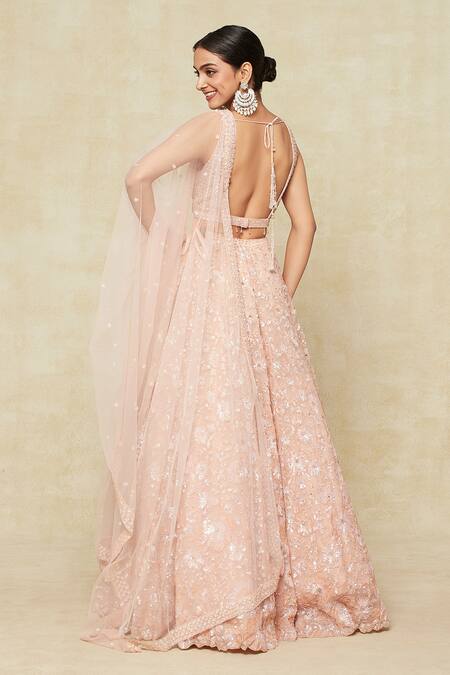 Shop_Seema Gujral_Peach Embroidery V-neck Floral Lehenga Set_at_Aza_Fashions