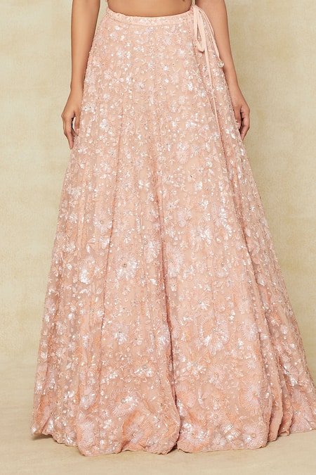 Seema Gujral_Peach Embroidery V-neck Floral Lehenga Set_Online_at_Aza_Fashions
