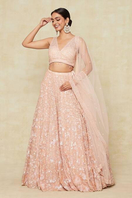 Shop_Seema Gujral_Peach Embroidery V-neck Floral Lehenga Set_Online_at_Aza_Fashions