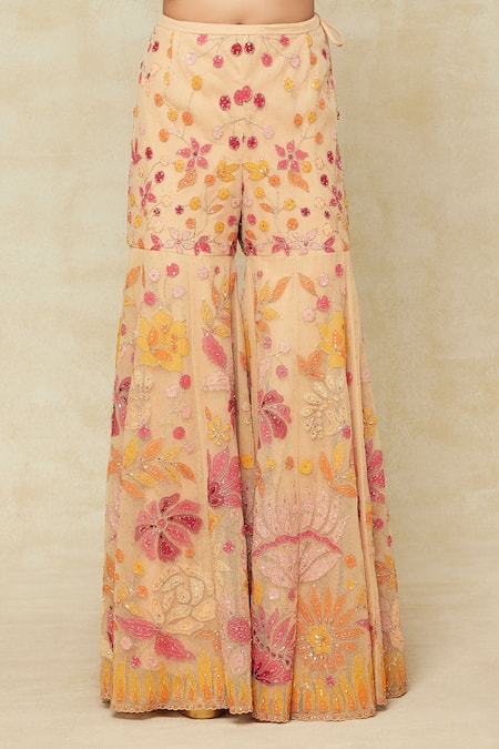 Seema Gujral_Beige Chiffon Embroidery V-neck Floral Kurta Sharara Set_Online_at_Aza_Fashions