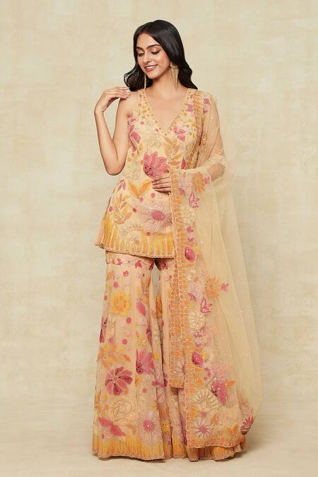 Buy_Seema Gujral_Beige Chiffon Embroidery V-neck Floral Kurta Sharara Set_Online_at_Aza_Fashions