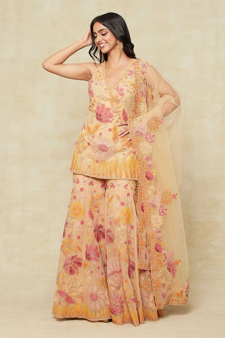 Shop_Seema Gujral_Beige Chiffon Embroidery V-neck Floral Kurta Sharara Set_Online_at_Aza_Fashions