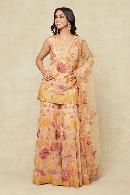 Seema Gujral_Beige Chiffon Embroidery V-neck Floral Kurta Sharara Set_at_Aza_Fashions