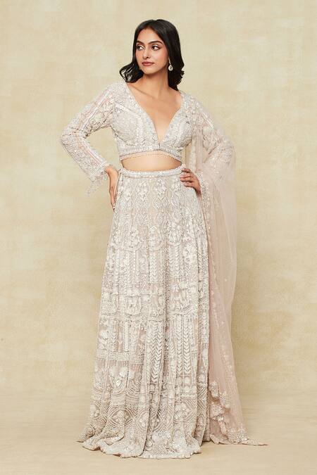 Seema Gujral_Beige Silk, Chiffon Sequins, Embroidery Plunge Neck Floral Skirt Set _at_Aza_Fashions