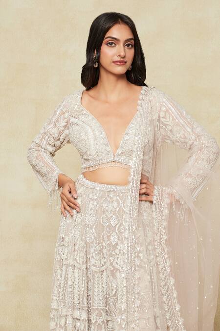 Buy_Seema Gujral_Beige Silk, Chiffon Sequins, Embroidery Plunge Neck Floral Skirt Set 