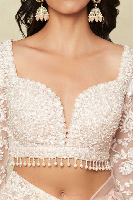 Seema Gujral_Pink Georgette Pearls Sweetheart Neck Floral Embroidered Saree With Blouse_at_Aza_Fashions