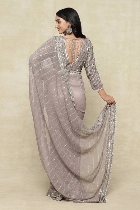 Shop Tarun Tahiliani Grey Silk, Georgette Sequins V-neck Embroidered Saree With Blouse at Aza Fashions Shop_Tarun Tahiliani_Grey Silk, Georgette Sequins V-neck Embroidered Saree With Blouse_at_Aza_Fashions