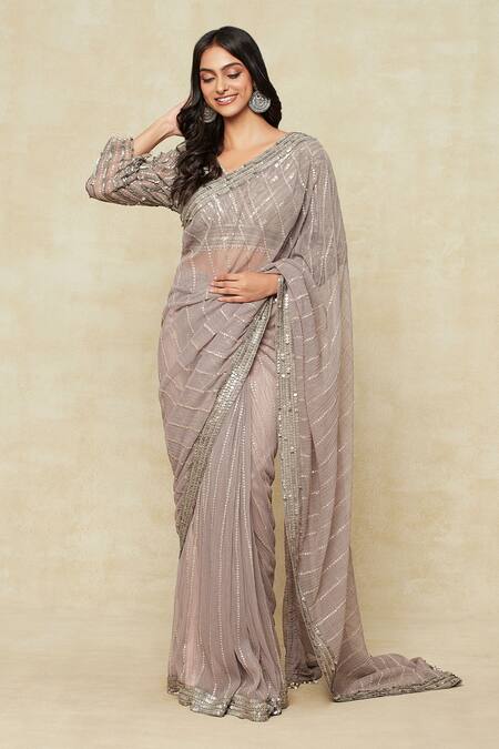 Tarun Tahiliani Grey Silk, Georgette Sequins V-neck Embroidered Saree With Blouse Online at Aza Fashions Tarun Tahiliani_Grey Silk, Georgette Sequins V-neck Embroidered Saree With Blouse_Online_at_Aza_Fashions