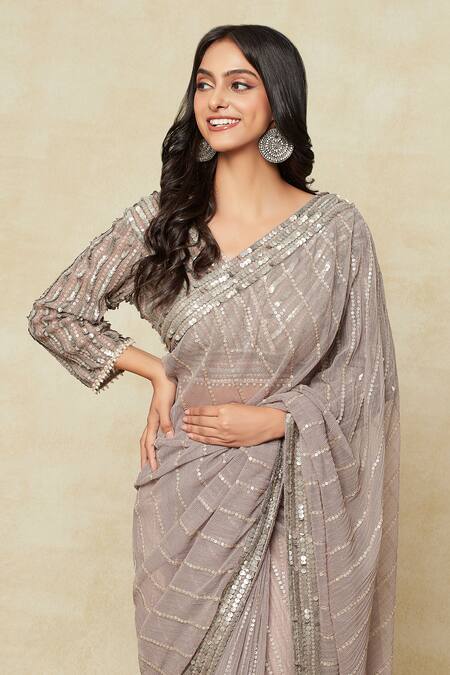 Buy Tarun Tahiliani Grey Silk, Georgette Sequins V-neck Embroidered Saree With Blouse Online at Aza Fashions Buy_Tarun Tahiliani_Grey Silk, Georgette Sequins V-neck Embroidered Saree With Blouse_Online_at_Aza_Fashions