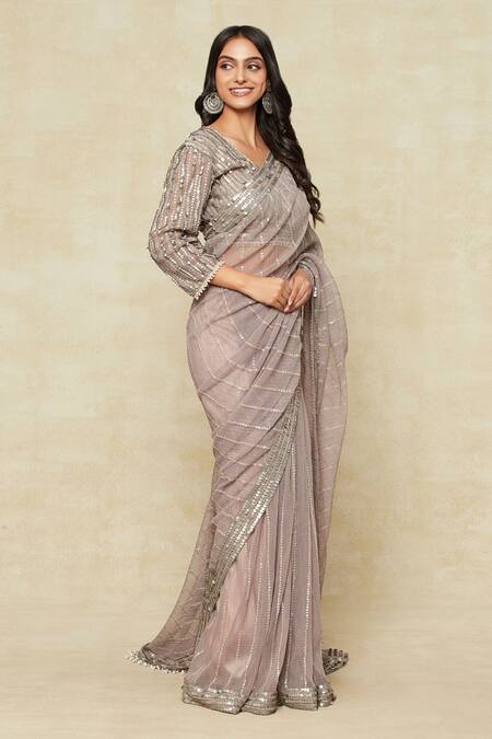 Tarun Tahiliani Grey Silk, Georgette Sequins V-neck Embroidered Saree With Blouse at Aza Fashions Tarun Tahiliani_Grey Silk, Georgette Sequins V-neck Embroidered Saree With Blouse_at_Aza_Fashions