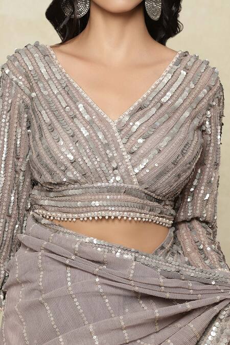 Buy Tarun Tahiliani Grey Silk, Georgette Sequins V-neck Embroidered Saree With Blouse Buy_Tarun Tahiliani_Grey Silk, Georgette Sequins V-neck Embroidered Saree With Blouse