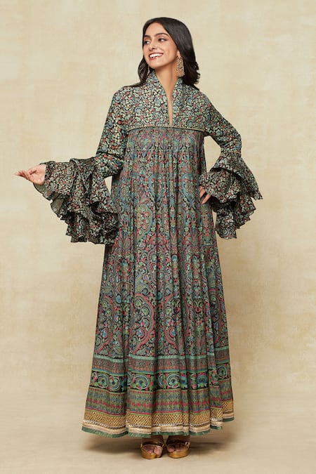 Buy Black Cotton Embroidery Mandarin Collar Floral Print Anarkali