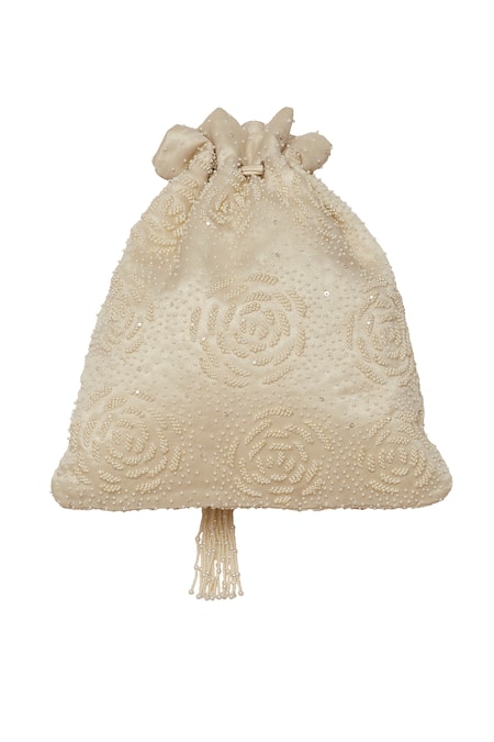 Lovetobag_Ivory Pearls, Embroidery, Ruffles Rose Potli Bag _Online_at_Aza_Fashions