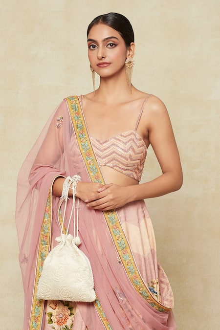 Shop_Lovetobag_Ivory Pearls, Embroidery, Ruffles Rose Potli Bag _Online_at_Aza_Fashions