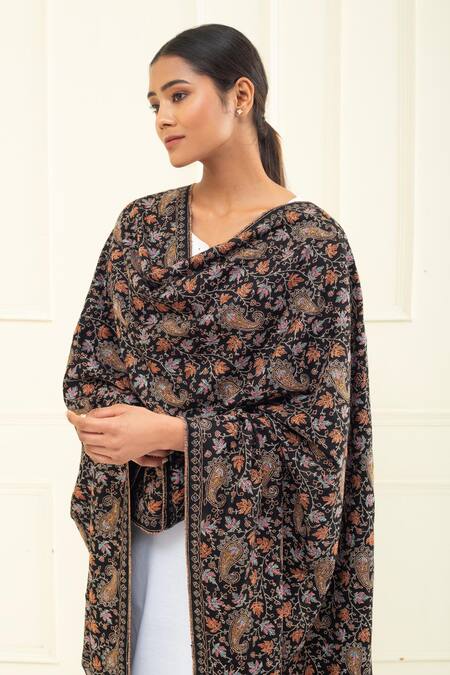 Pashme Ladakh Black Embroidered Chinar Jamawar Pashmina Shawl at Aza Fashions Pashme Ladakh_Black Embroidered Chinar Jamawar Pashmina Shawl _at_Aza_Fashions