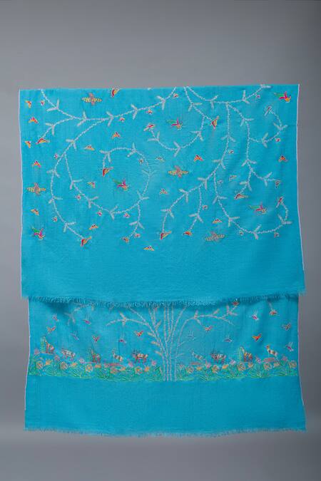 Pashme Ladakh_Blue Embroidered Bird Pashmina Shawl _Online_at_Aza_Fashions