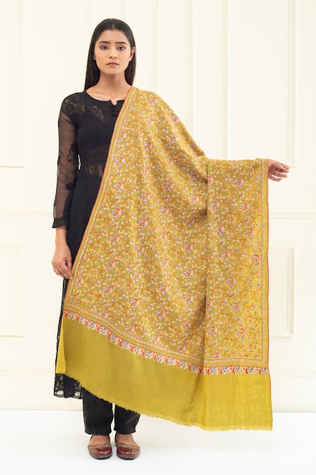 Pashme Ladakh Green Embroidered Floral Branch Pashmina Shawl 