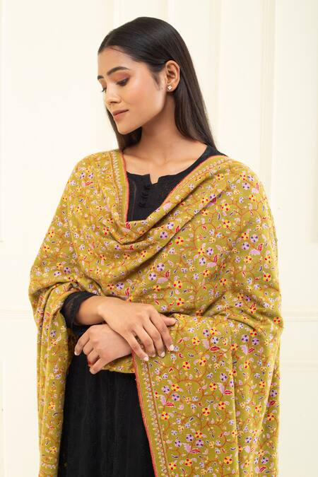 Shop Pashme Ladakh Green Embroidered Floral Branch Pashmina Shawl Online at Aza Fashions Shop_Pashme Ladakh_Green Embroidered Floral Branch Pashmina Shawl _Online_at_Aza_Fashions