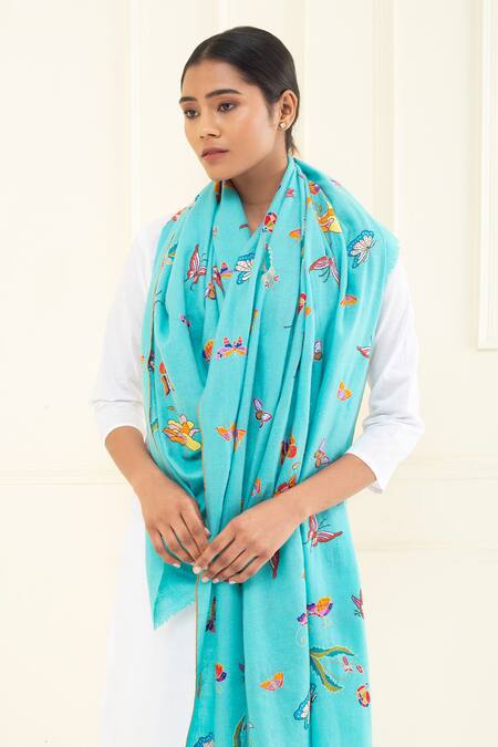Shop Pashme Ladakh Blue Embroidered Butterfly Pashmina Shawl Online at Aza Fashions Shop_Pashme Ladakh_Blue Embroidered Butterfly Pashmina Shawl _Online_at_Aza_Fashions