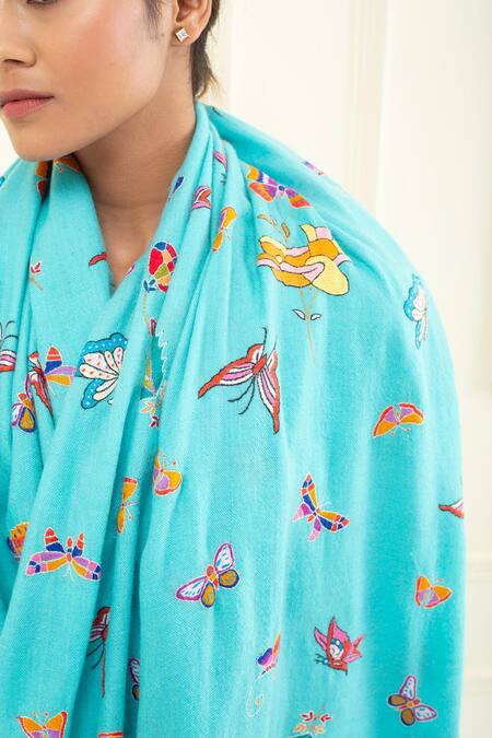 Pashme Ladakh Blue Embroidered Butterfly Pashmina Shawl at Aza Fashions Pashme Ladakh_Blue Embroidered Butterfly Pashmina Shawl _at_Aza_Fashions