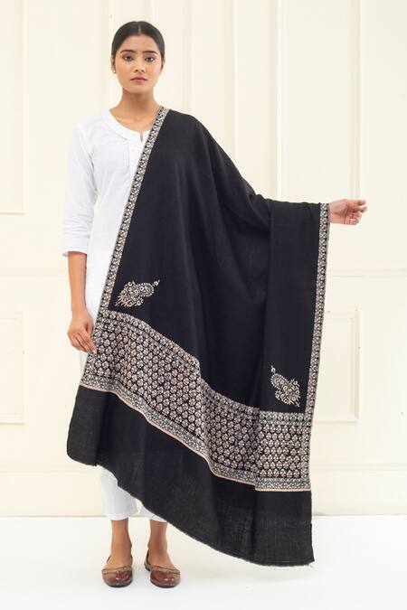 Shop Pashme Ladakh Black Embroidered Floral Butti Border Pashmina Shawl at Aza Fashions Shop_Pashme Ladakh_Black Embroidered Floral Butti Border Pashmina Shawl_at_Aza_Fashions