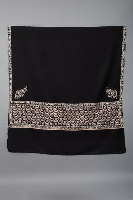 Pashme Ladakh Black Embroidered Floral Butti Border Pashmina Shawl Online at Aza Fashions Pashme Ladakh_Black Embroidered Floral Butti Border Pashmina Shawl_Online_at_Aza_Fashions