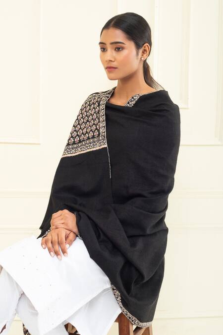 Shop Pashme Ladakh Black Embroidered Floral Butti Border Pashmina Shawl Online at Aza Fashions Shop_Pashme Ladakh_Black Embroidered Floral Butti Border Pashmina Shawl_Online_at_Aza_Fashions