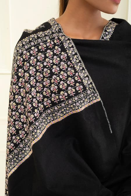 Pashme Ladakh Black Embroidered Floral Butti Border Pashmina Shawl at Aza Fashions Pashme Ladakh_Black Embroidered Floral Butti Border Pashmina Shawl_at_Aza_Fashions