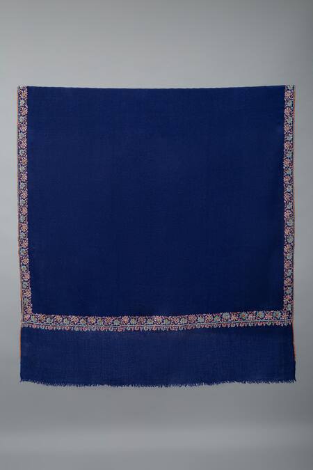 Pashme Ladakh_Blue Embroidered Floral Jaal Border Pashmina Shawl_Online_at_Aza_Fashions