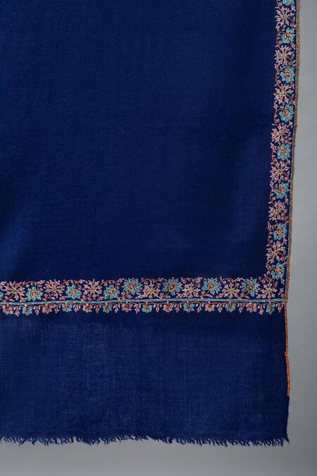 Buy_Pashme Ladakh_Blue Embroidered Floral Jaal Border Pashmina Shawl_Online_at_Aza_Fashions