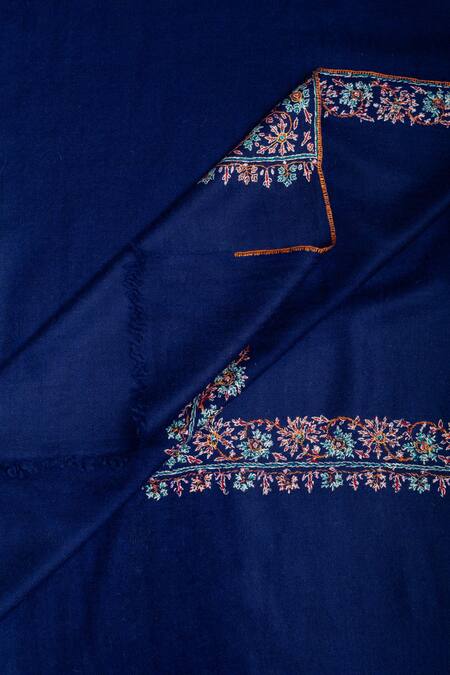 Shop_Pashme Ladakh_Blue Embroidered Floral Jaal Border Pashmina Shawl_Online_at_Aza_Fashions