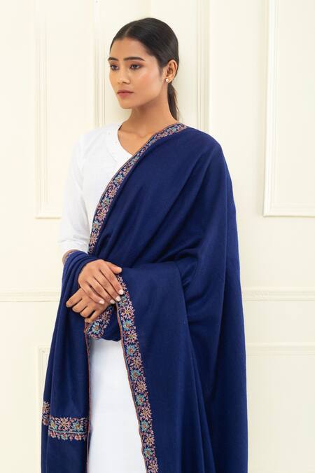 Buy_Pashme Ladakh_Blue Embroidered Floral Jaal Border Pashmina Shawl