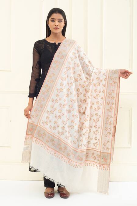 Shop Pashme Ladakh Ivory Embroidered Floral Vine Pashmina Shawl at Aza Fashions Shop_Pashme Ladakh_Ivory Embroidered Floral Vine Pashmina Shawl_at_Aza_Fashions