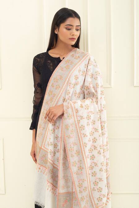 Pashme Ladakh Ivory Embroidered Floral Vine Pashmina Shawl Online at Aza Fashions Pashme Ladakh_Ivory Embroidered Floral Vine Pashmina Shawl_Online_at_Aza_Fashions