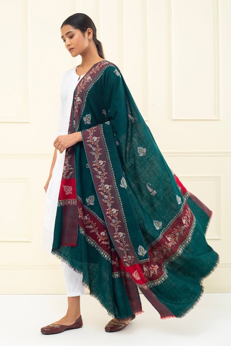 Pashme Ladakh Green Embroidered Paisley Woven Pashmina Shawl 