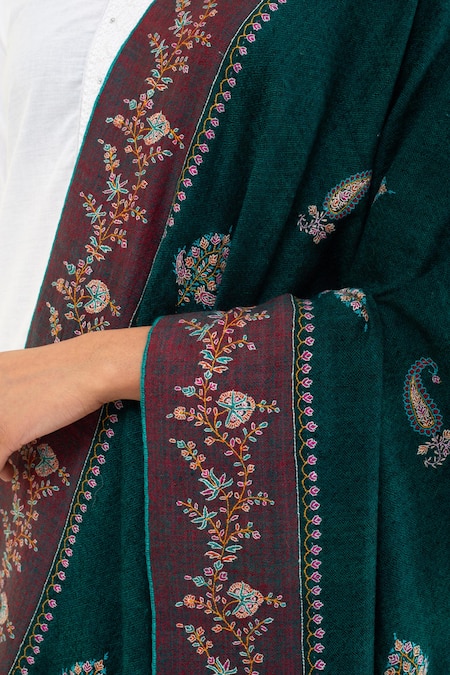Pashme Ladakh Green Embroidered Paisley Woven Pashmina Shawl at Aza Fashions Pashme Ladakh_Green Embroidered Paisley Woven Pashmina Shawl _at_Aza_Fashions