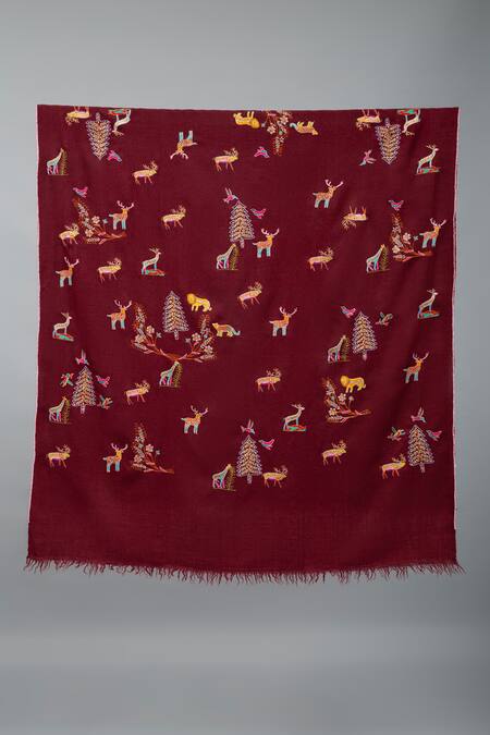 Pashme Ladakh Maroon Embroidered Forest Pashmina Shawl Online at Aza Fashions Pashme Ladakh_Maroon Embroidered Forest Pashmina Shawl _Online_at_Aza_Fashions