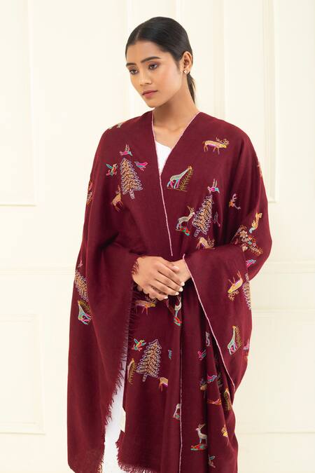 Shop Pashme Ladakh Maroon Embroidered Forest Pashmina Shawl Online at Aza Fashions Shop_Pashme Ladakh_Maroon Embroidered Forest Pashmina Shawl _Online_at_Aza_Fashions