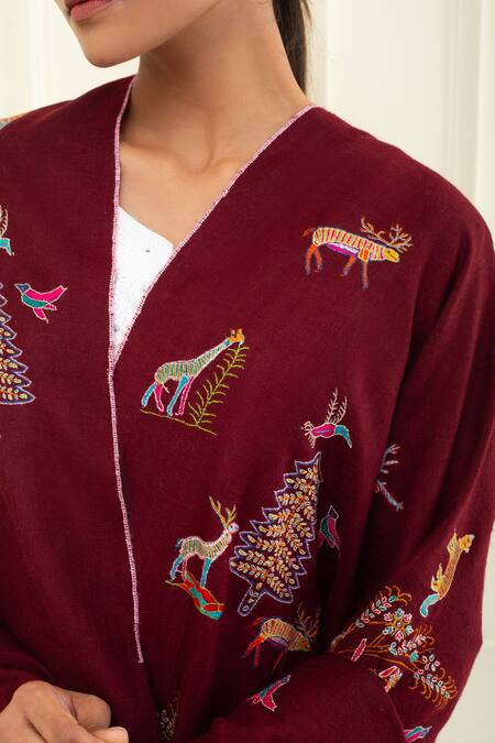 Pashme Ladakh Maroon Embroidered Forest Pashmina Shawl at Aza Fashions Pashme Ladakh_Maroon Embroidered Forest Pashmina Shawl _at_Aza_Fashions