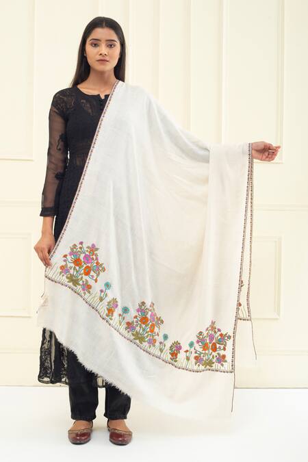 Shop Pashme Ladakh Ivory Embroidered Floral Bunch Pashmina Shawl at Aza Fashions Shop_Pashme Ladakh_Ivory Embroidered Floral Bunch Pashmina Shawl_at_Aza_Fashions