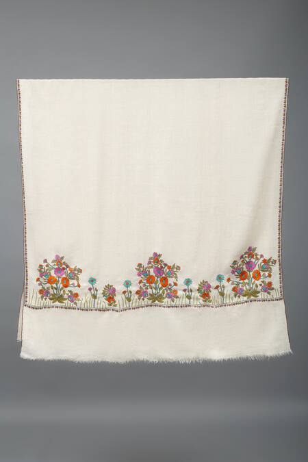 Pashme Ladakh Ivory Embroidered Floral Bunch Pashmina Shawl Online at Aza Fashions Pashme Ladakh_Ivory Embroidered Floral Bunch Pashmina Shawl_Online_at_Aza_Fashions