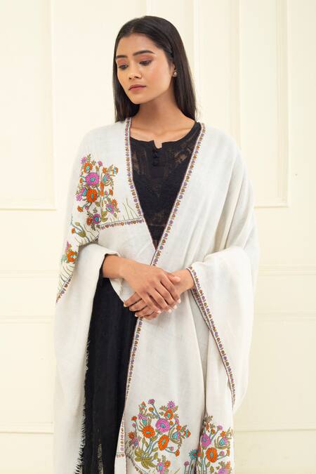 Shop Pashme Ladakh Ivory Embroidered Floral Bunch Pashmina Shawl Online at Aza Fashions Shop_Pashme Ladakh_Ivory Embroidered Floral Bunch Pashmina Shawl_Online_at_Aza_Fashions
