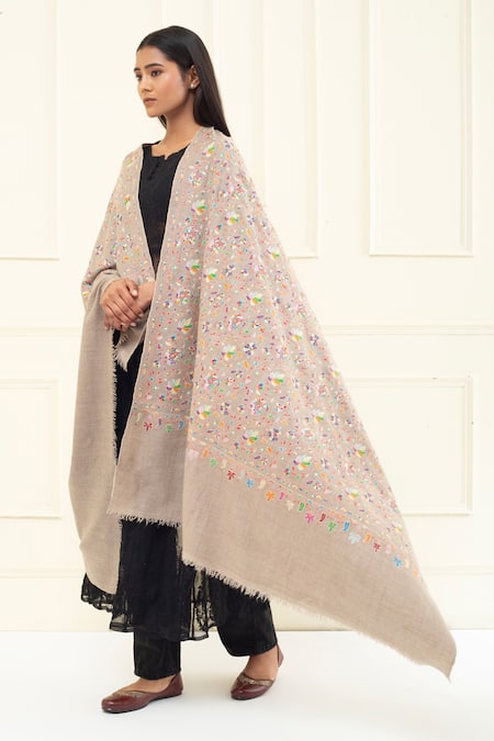 Pashme Ladakh Grey Embroidered Chinar Pashmina Shawl 