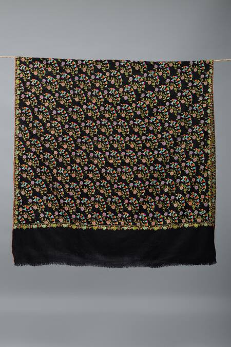 Pashme Ladakh_Black Embroidered Morning Glory Pashmina Shawl _Online_at_Aza_Fashions