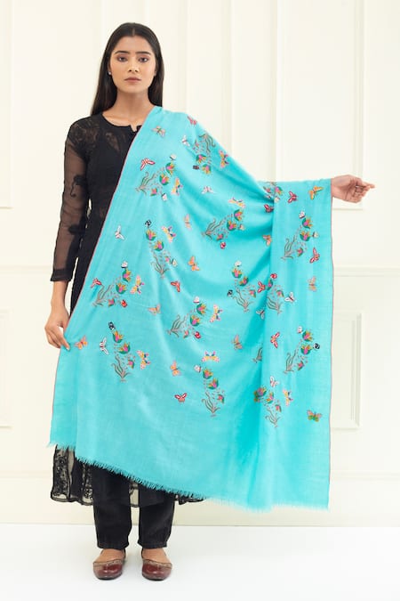 Pashme Ladakh Butterfly Lily Embroidered Pashmina Shawl 