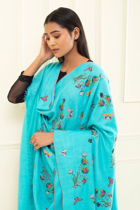 Shop Pashme Ladakh Sky Blue Embroidered Butterfly Lily Pashmina Shawl Online at Aza Fashions Shop_Pashme Ladakh_Sky Blue Embroidered Butterfly Lily Pashmina Shawl _Online_at_Aza_Fashions