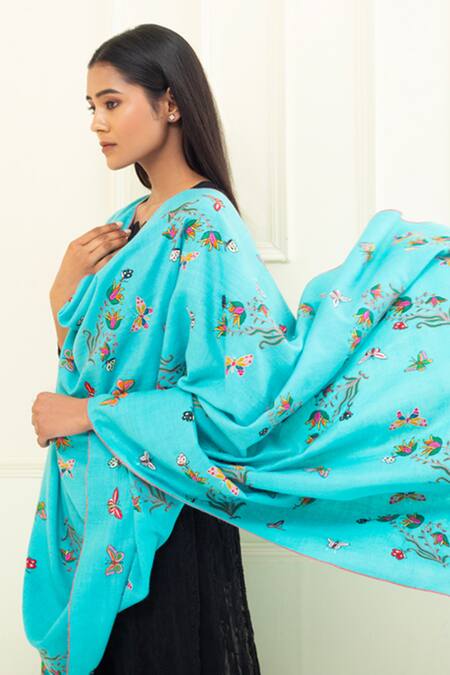 Pashme Ladakh Sky Blue Embroidered Butterfly Lily Pashmina Shawl at Aza Fashions Pashme Ladakh_Sky Blue Embroidered Butterfly Lily Pashmina Shawl _at_Aza_Fashions