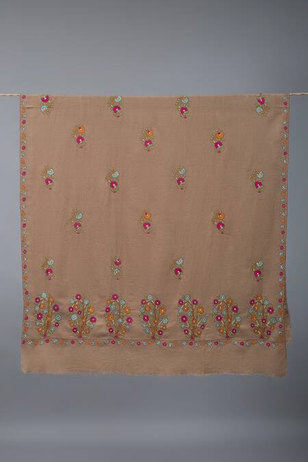 Pashme Ladakh_Brown Embroidered Dahlia Pashmina Shawl _Online_at_Aza_Fashions