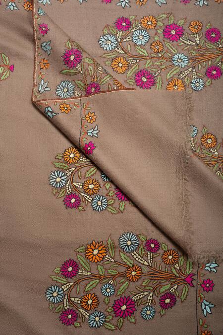 Buy_Pashme Ladakh_Brown Embroidered Dahlia Pashmina Shawl _Online_at_Aza_Fashions