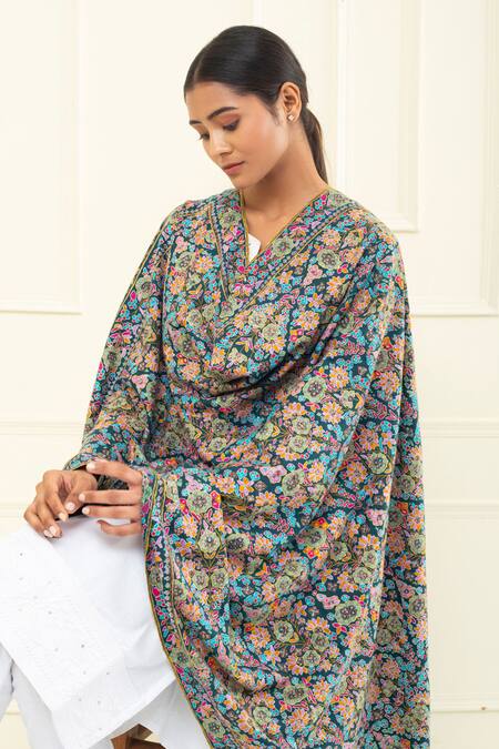 Buy Pashme Ladakh Blue Embroidered Floral Kani Pashmina Shawl Buy_Pashme Ladakh_Blue Embroidered Floral Kani Pashmina Shawl